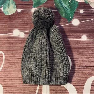 Gray w/ Silver Metallic Rib Knit Beanie w/ Pom Pom